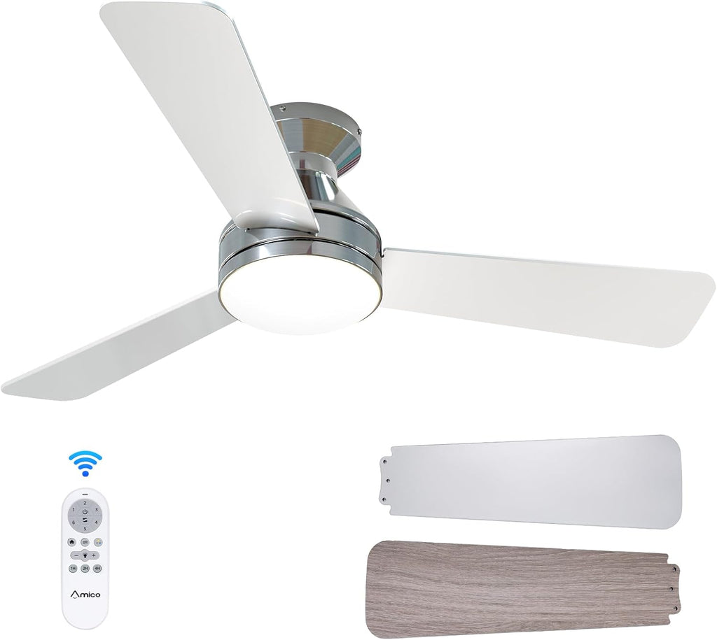 Ceiling Fans with Lights, 42 inch Low Profile Ceiling Fan with Light and Remote Control, Flush Mount, Reversible, 3CCT, Dimmable, Noiseless, Nickel Ceiling Fan for Bedroom, Indoor/Outdoor Use
