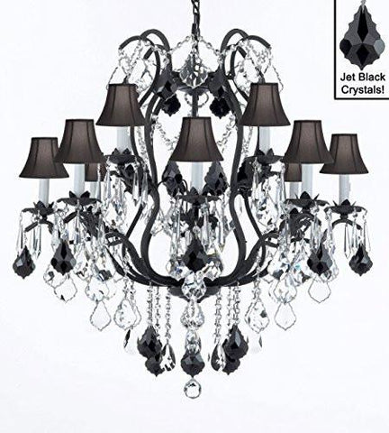 Wrought Iron Crystal Chandelier Lighting Chandeliers H30" X W28" With Black Shades - A500-Sc/Blackshade/B20/3034/8+4