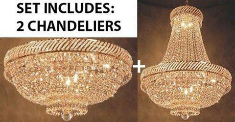 Set Of 2 - French Empire Crystal Chandelier Lighting H26" X W23" + French Empire Crystal Flush Chandelier Lighting H 16" W 23" - Good For The Dining Room Foyer Hallway Bedroom Kitchen - 1Ea-A500-448/9+1Ea-A500-Flush/448/9