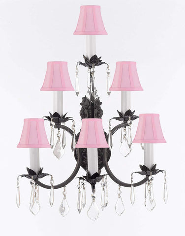 Wrought Iron Wall Sconce Crystal Lighting 3 Tier Wall Sconces W16 x H24 w/Pink Shades - A500-PINKSHADES/6/3034